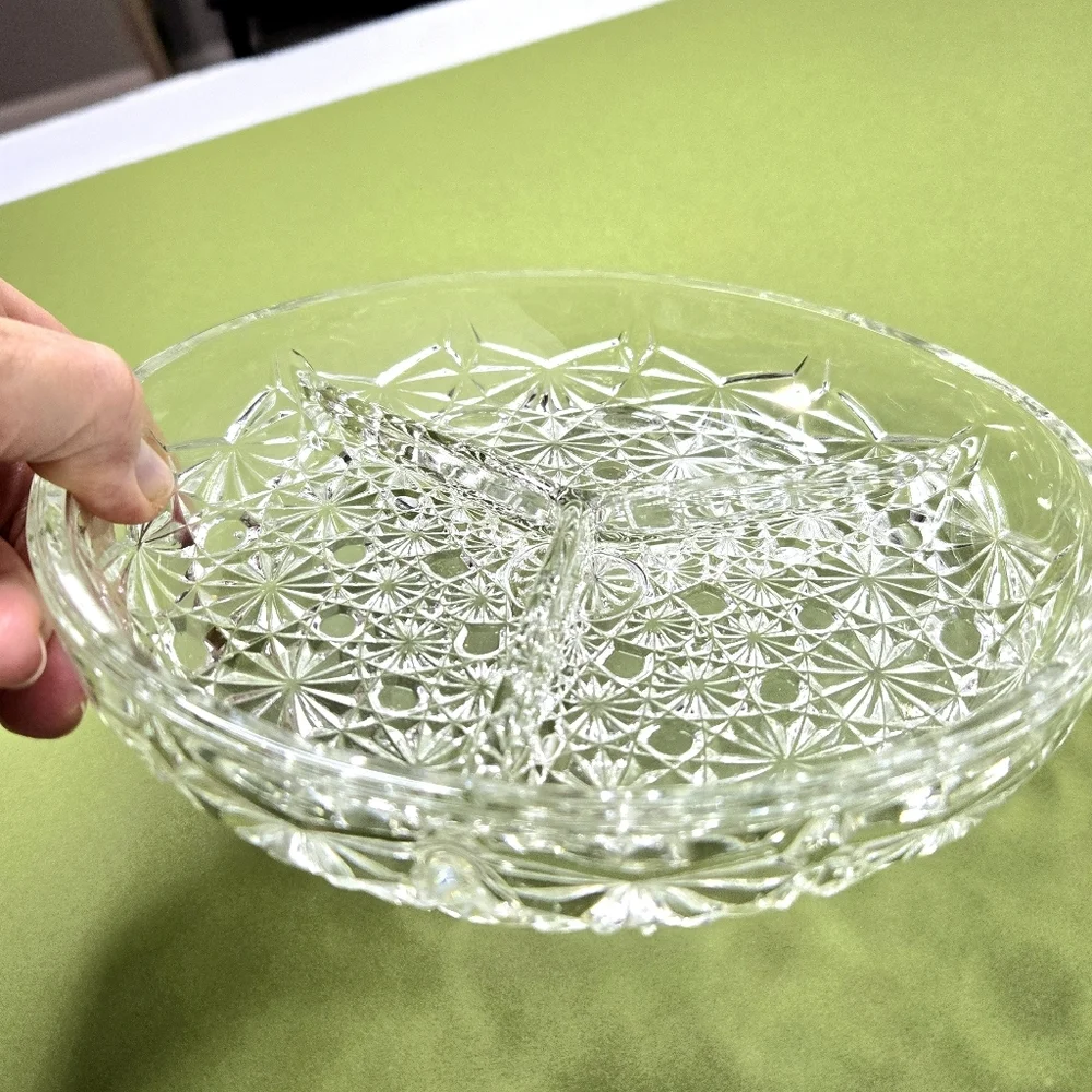 Cut Glass 3 Compartment, Round Serving Dish.